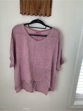 TENDENCIES Italian Linen Tunic Top Pink Oversized High-Low Pocket Lagenlook